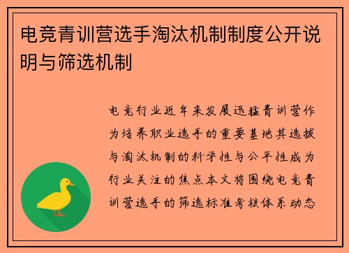 电竞青训营选手淘汰机制制度公开说明与筛选机制